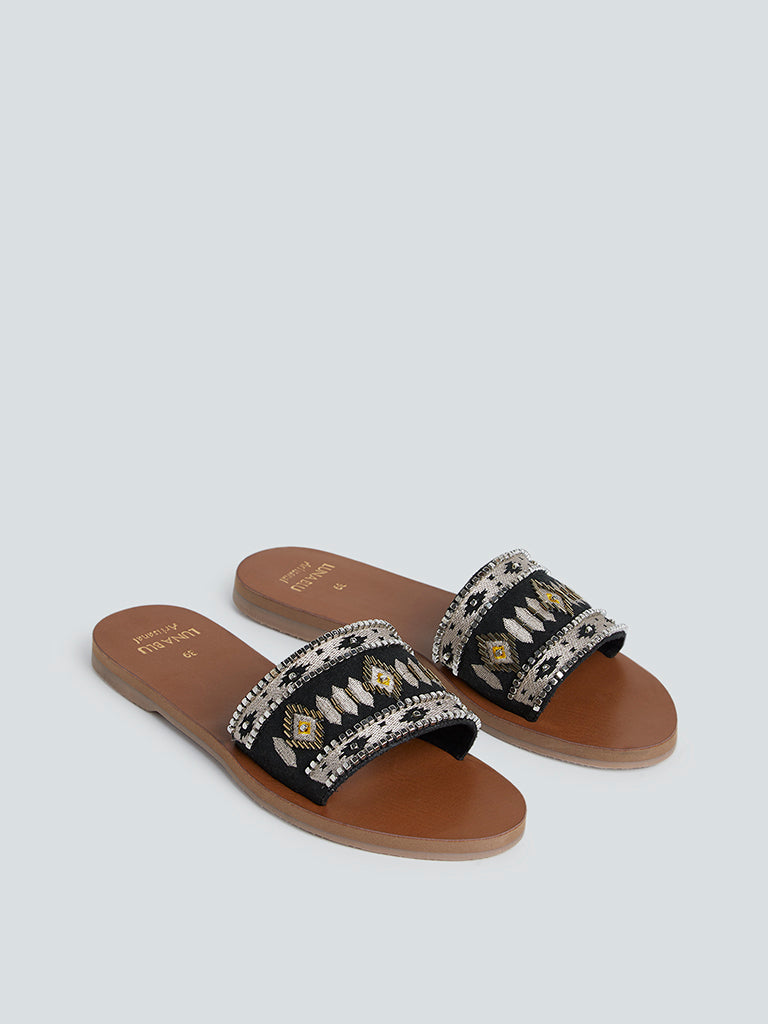 LUNA BLU Black Sequin-Detail Slides